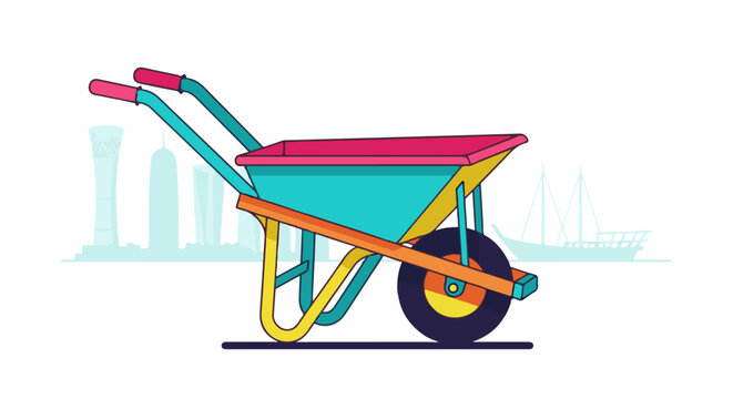 Brightly colored wheelbarrow against a silhouette of city buildings and a ship