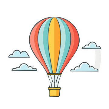 Colorful hot air balloon with clouds in flat design style