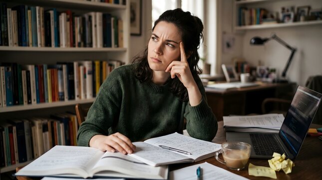 Focused young woman in a green sweater pondering difficult concepts while studying at a wooden desk with a laptop computer