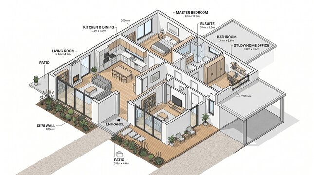 3D floor plan of 142 sqm house. Shows living room, kitchen/dining, master bedroom with ensuite, bathroom, study, 2 patios, entrance. Room sizes labeled.