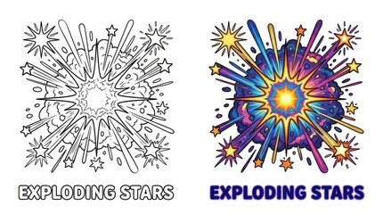 Obraz premium Colorful Exploding Stars Illustration with Outlined and Colored Versions.