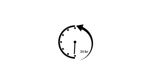 Minimalist black clock icon showing twenty four hour service concept animation on plain white background.