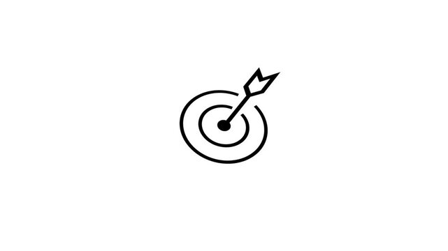 Minimalist graphic animation featuring black line drawing of arrow hitting center of target on white background.