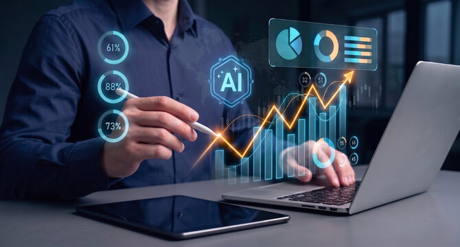 digital ai analytics showing financial market data, investment growth charts and interactive dashboards utilized by professionals for trend evaluation and human resource data driven decision making
