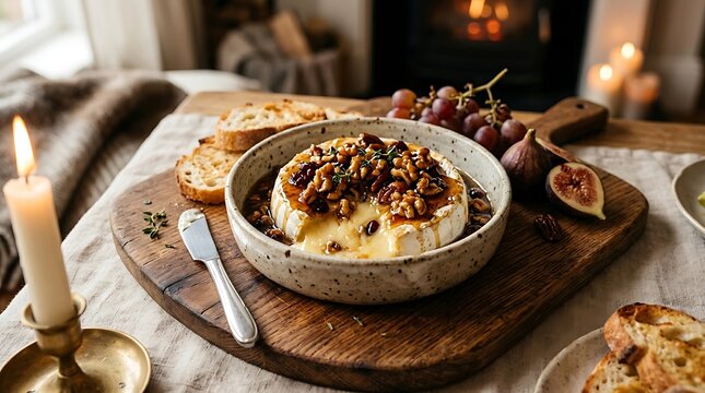 Warm baked brie with nuts and honey