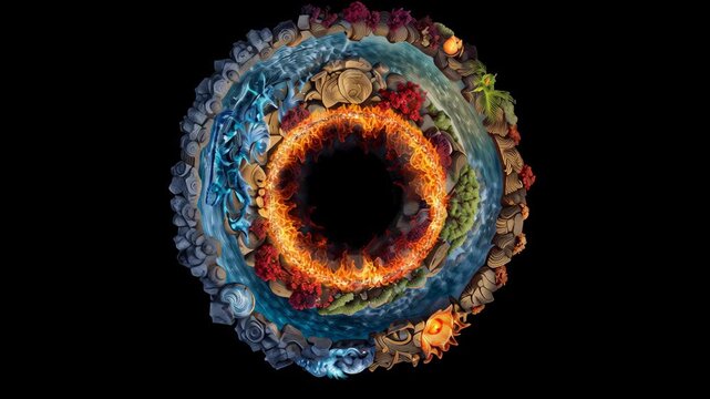 Animated Circular Four Elements Design with Central Fire, Symbolizing Nature's Power and Balance