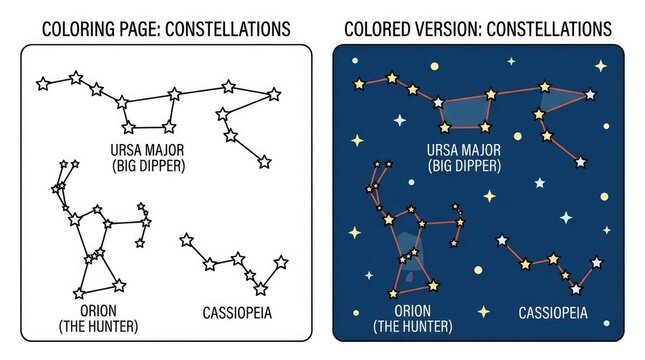 Constellations Coloring Page and Colored Version with Ursa Major Orion and Cassiopeia.