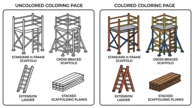 Construction Scaffolding Coloring Page Uncolored and Colored Illustrations.