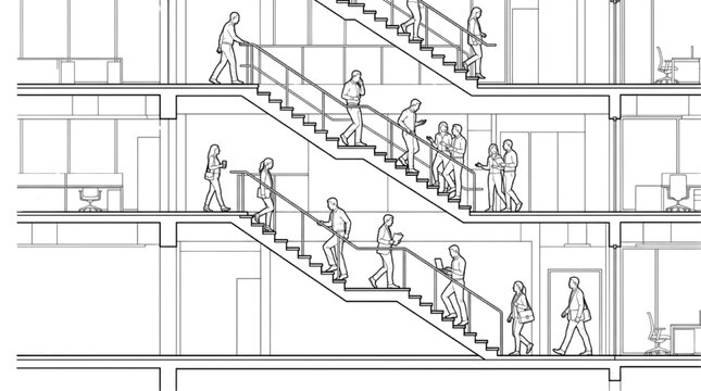 Line art flat vector collection of office building architectural section entourage elements with stairs and working people