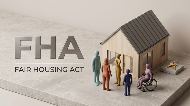 Fair housing act representation with miniature diverse figurines and house model on minimalist stone surface concept