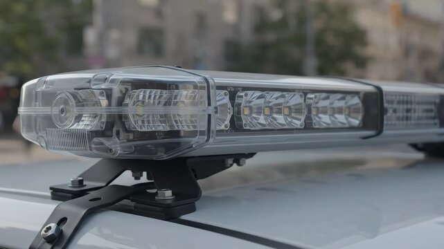 Close-up of a lightbar with flashing blue LED lights on the roof of a police car. Emergency service signals shine brightly against the background of a blurred city street during the day.