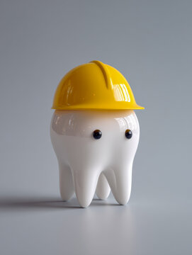 Cute tooth character wearing a bright yellow construction helmet symbolizing dental care and protection with a minimalist gray background in a playful style
