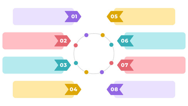 Infographic template with 8 steps or options, circular process diagram isolated on transparent background