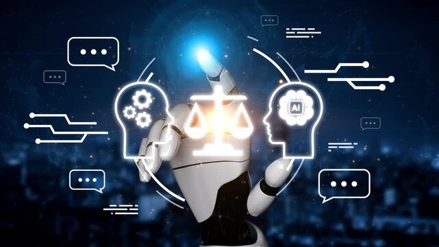 Futuristic robot arm pointing to digital icons of scales, gears, and brain symbolizing ethics in artificial intelligence and technology evolution Gluon.