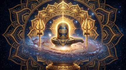 ​A deeply cosmic and spiritual digital artwork, centered on a sacred Shiva Lingam, which is positioned within a vibrant, swirling spiral galaxy. The Lingam itself is highly ornate, made of polished st