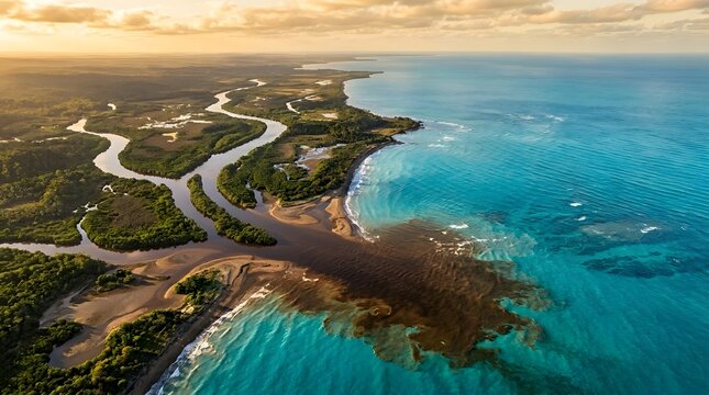 Serene aerial view of a winding river meeting the vast ocean under a warm sunset sky.