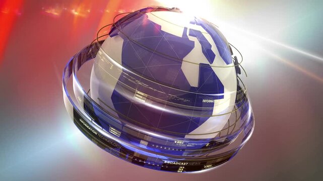 Futuristic Blue Glass Globe Rotation with Digital News Broadcast Interface Loopable
