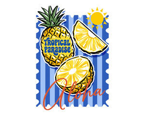 Beach club. Endless summer artwork. Tropical vintage design. Pineapple fruit artwork. Aloha tropical paradise. © panji