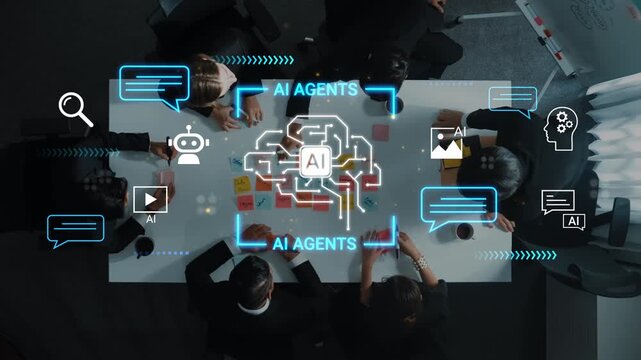 Collaborative Brainstorming Session on AI Agents in a Modern Office Environment with Digital Elements and Creative Solutions Gluon.