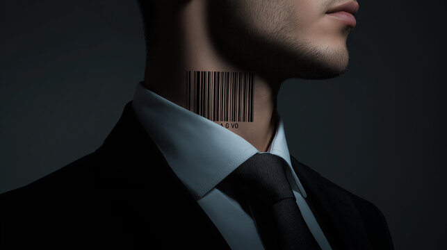 A businessman with a barcode tattoo on his neck, corporate identity concept