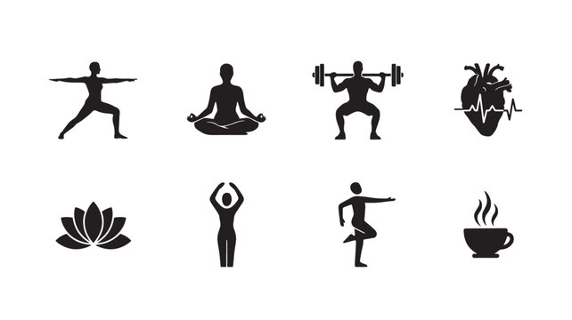 Collection of black silhouette icons for fitness and wellness