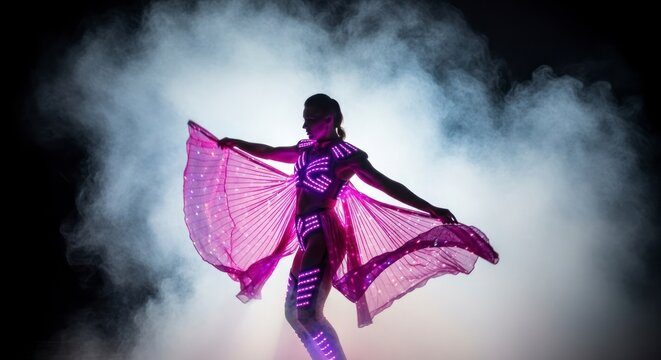 Futuristic Dancer with Luminous Purple Wings on a Smoky, Backlit Stage