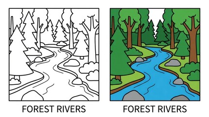 Obraz premium Forest Rivers Illustration Black and White Outline and Colorized Versions.