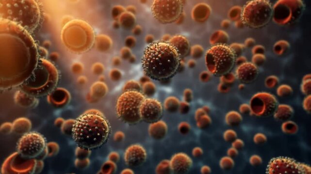Microscopic illustration of coronavirus particles floating in three dimensional space with detailed surface texture