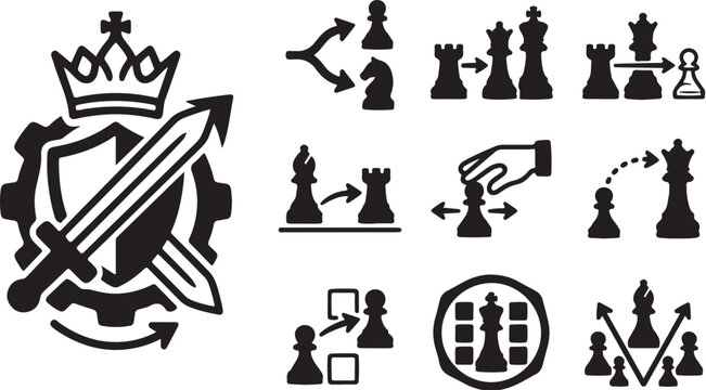 Chess Pieces and Strategic Military Symbols Illustration Set