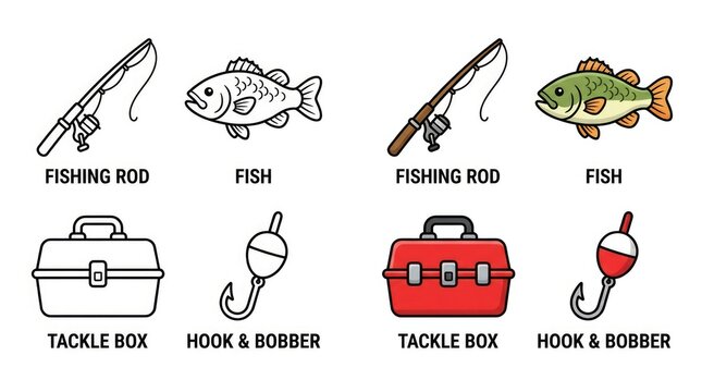 Fishing Equipment Illustration Rod Fish Tackle Box and Bobber Elements.