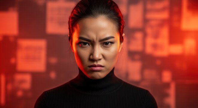 Portrait of Fury: Asian Woman's Intense Gaze in Dramatic Red Lighting