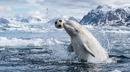 Naklejka premium Beluga whale playing with a soccer ball in the Arctic Sea, realistic animal illustrations