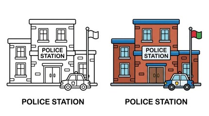 Fototapeta premium Illustrated Police Station Building with Police Car and Flag Vector Illustration.