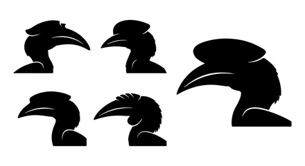 Hornbill Bird Head Silhouettes, Exotic Avian Profiles, Tropical Wildlife Vector Icons, Tribal Art Elements © Saiful