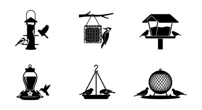 Bird Feeder Icons Set, Wildlife Feeding Stations Collection, Garden Ornithology Vector Graphics, Nature and Animal Lovers