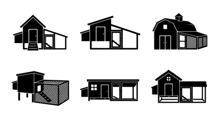 Farmhouse Chicken Coop Vector Icons, Rustic Barn & Aviary Building Silhouettes, Agricultural Dwelling Collection © Saiful