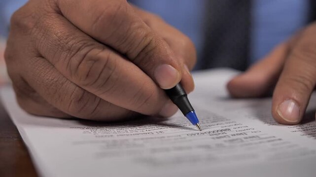 Male signing an important contract paper for official work. Closeup shot of a businessman putting his signature in good handwriting on a legal agreement - person's initial on record