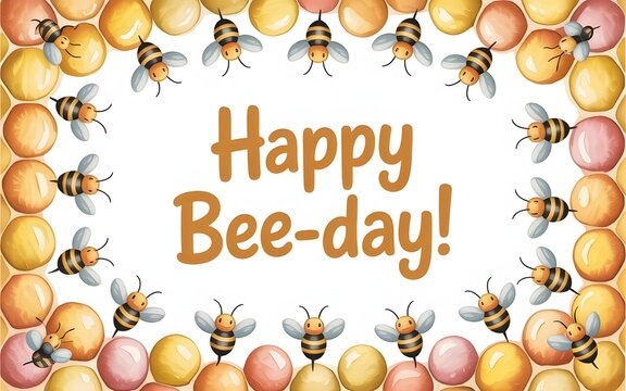 Happy beeday greeting card with cute bees and honeycomb frame isolated on white background