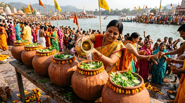 Ganga dussehra festival celebration with woman pouring holy water