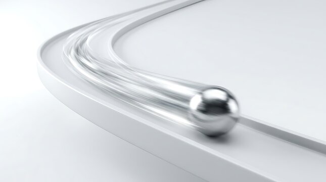 A silver ball runs on a curved metal track on white background