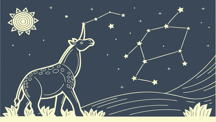 Unicorn under starry night sky constellation illustration with constellation © Md