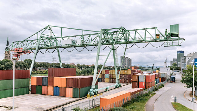Industrial Port of Mannheim with Crane and Shipping Containers, Schokinag Area, Urban Harbor Scene, Germany
