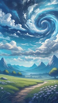 A swirling stormy sky looms over a serene mountain landscape with a winding path through green grass and flowers.