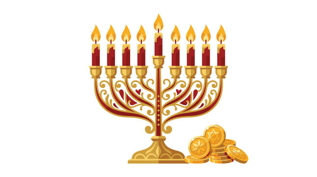 Menorah with nine candles and coins.