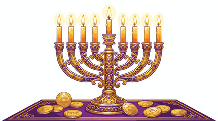 Fototapeta premium Menorah with candles and gold coins.
