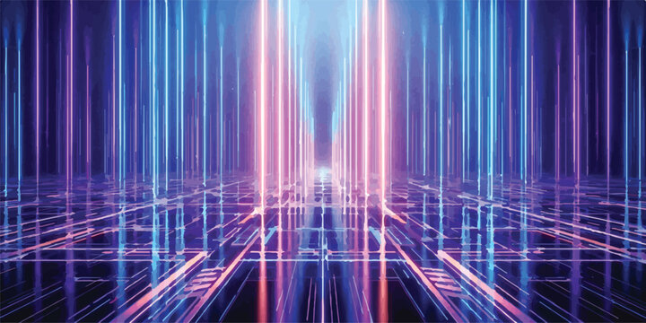 Futuristic neon light tunnel with glowing blue and purple vertical beams and reflective dark grid floor futuristic background reflective abstract vertical technology perspective synthwave