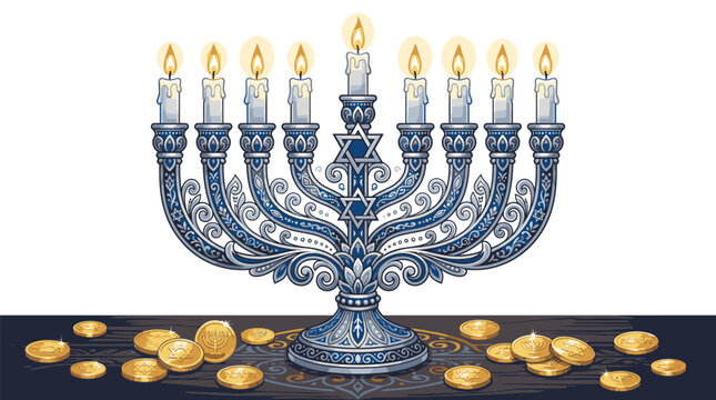 Menorah with lit candles and coins.