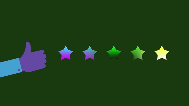 Hand giving thumbs up with two and a half glowing stars for rating on a dark green background gesture
