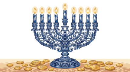 Fototapeta premium Blue Menorah With Gold Coins.