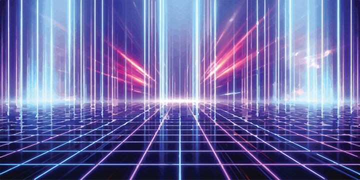 Retro futurist grid landscape with neon vertical lights futuristic landscape background perspective technology synthwave retrowave reflection abstract vertical creative innovation